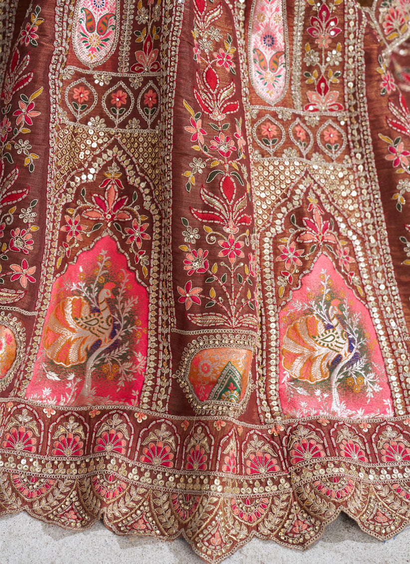 Coffee Banarasi Embroidered Sequins Heavy Lehenga Choli