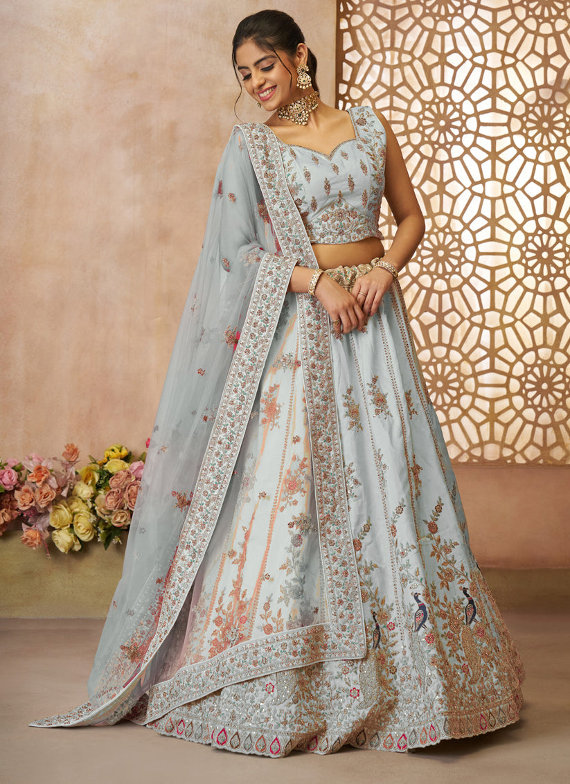 Sky Blue Zari Silk Bridal Lehenga Choli
