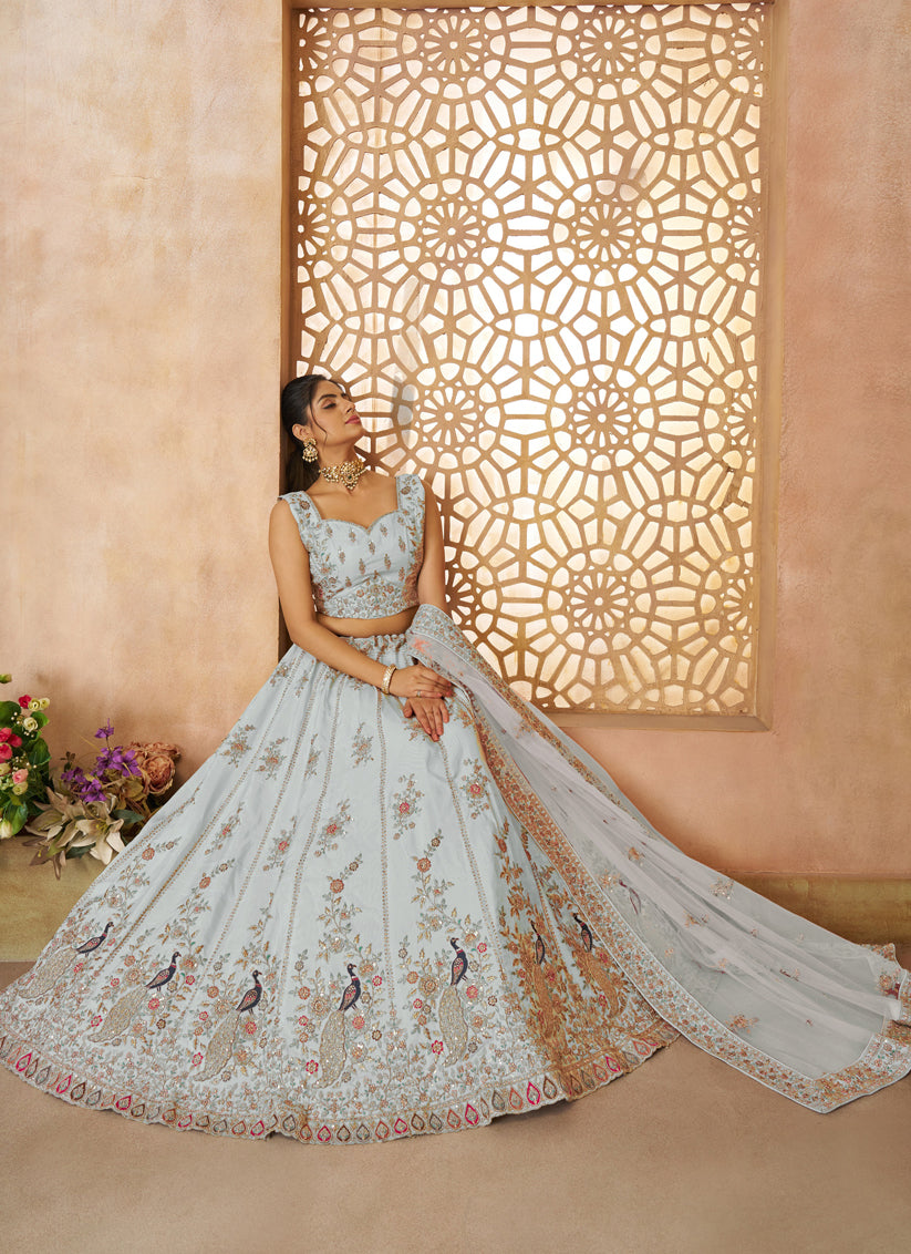 Sky Blue Zari Silk Bridal Lehenga Choli