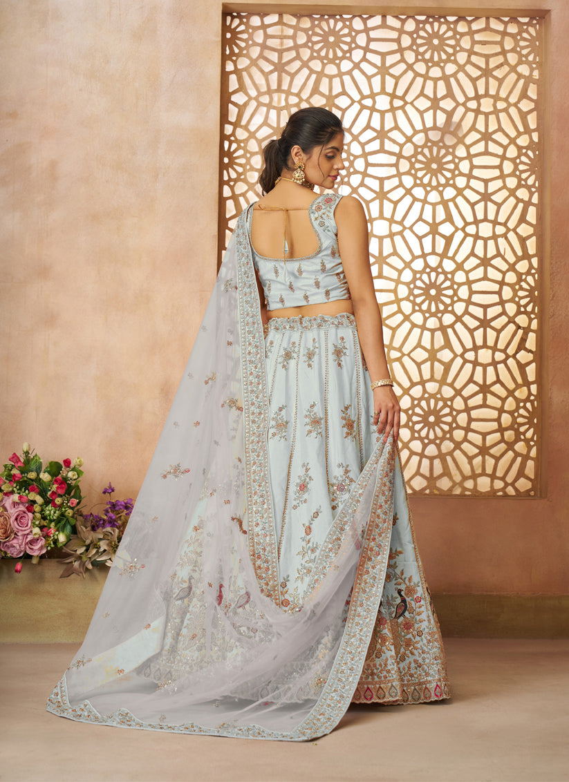 Sky Blue Zari Silk Bridal Lehenga Choli