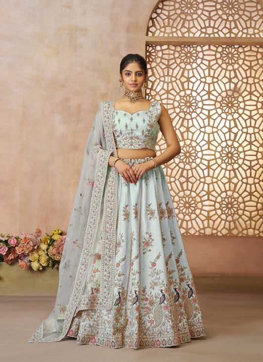Sky Blue Zari Silk Bridal Lehenga Choli