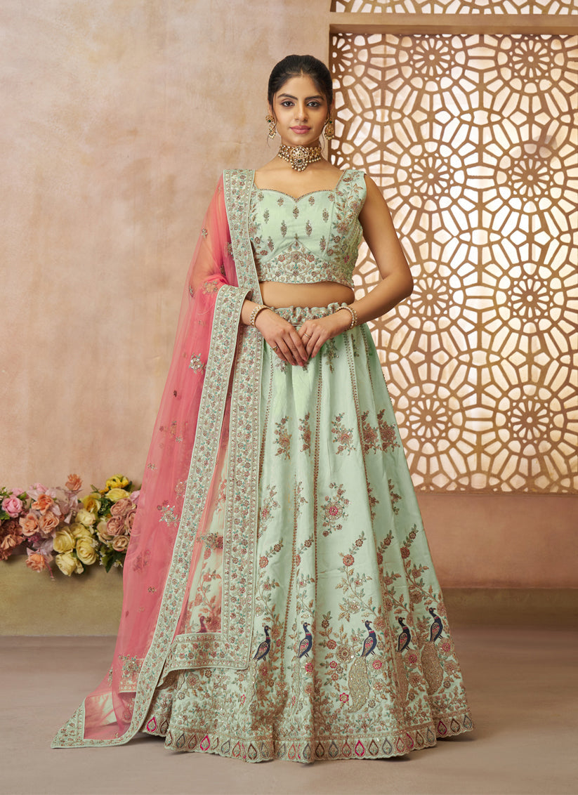 Green Peacock Embroidered Zari Silk Bridal Lehenga Choli