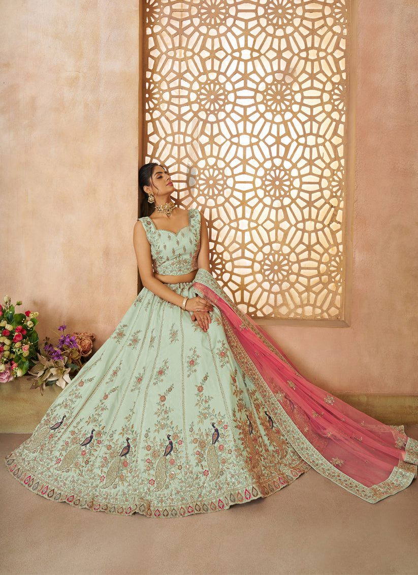 Green Peacock Embroidered Zari Silk Bridal Lehenga Choli