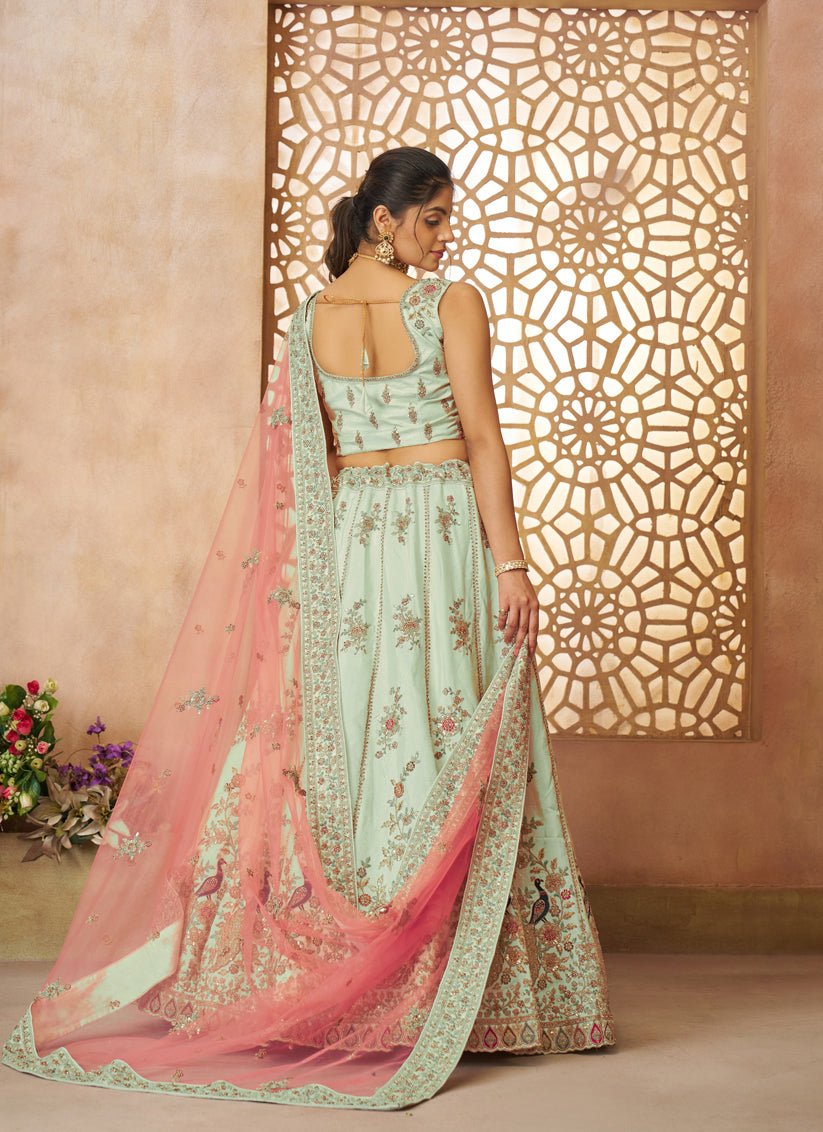 Green Peacock Embroidered Zari Silk Bridal Lehenga Choli