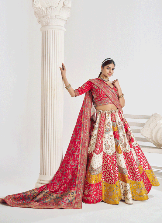White Banarasi Silk Bridal Wear Embroidered Heavy Lehenga Choli