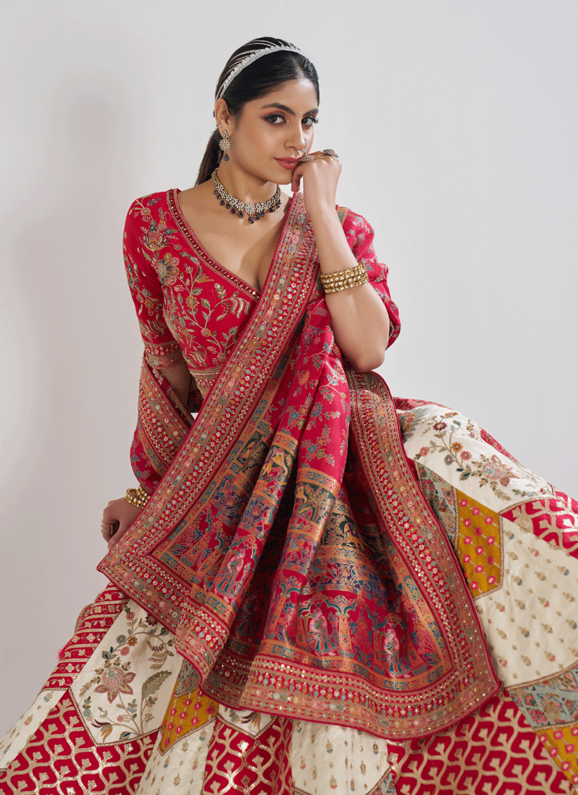 White Banarasi Silk Bridal Wear Embroidered Heavy Lehenga Choli