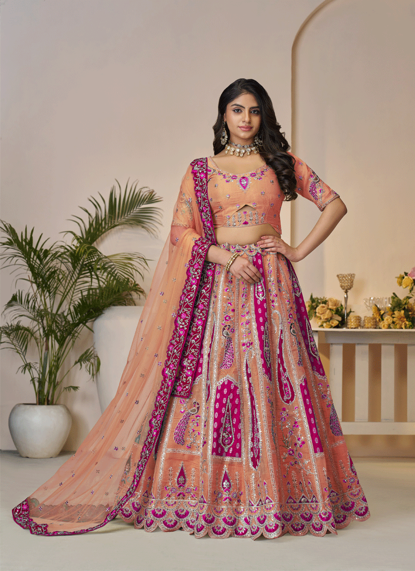 Stunning Orange Thread Embroidered Banarasi Silk Wedding Lehenga Choli