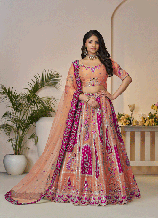 Stunning Orange Thread Embroidered Banarasi Silk Wedding Lehenga Choli
