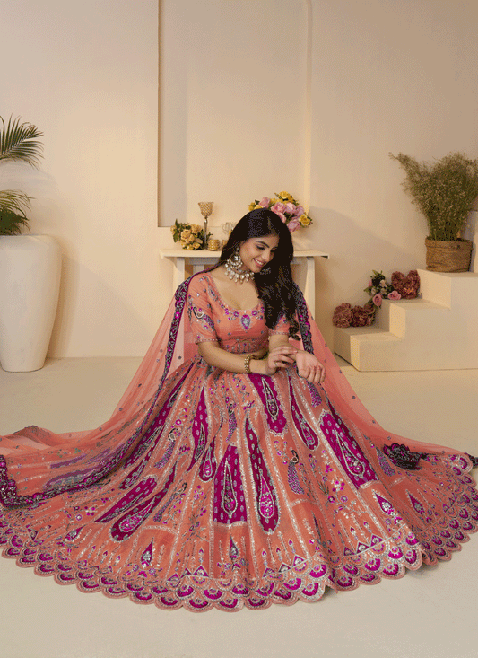 Stunning Orange Thread Embroidered Banarasi Silk Wedding Lehenga Choli
