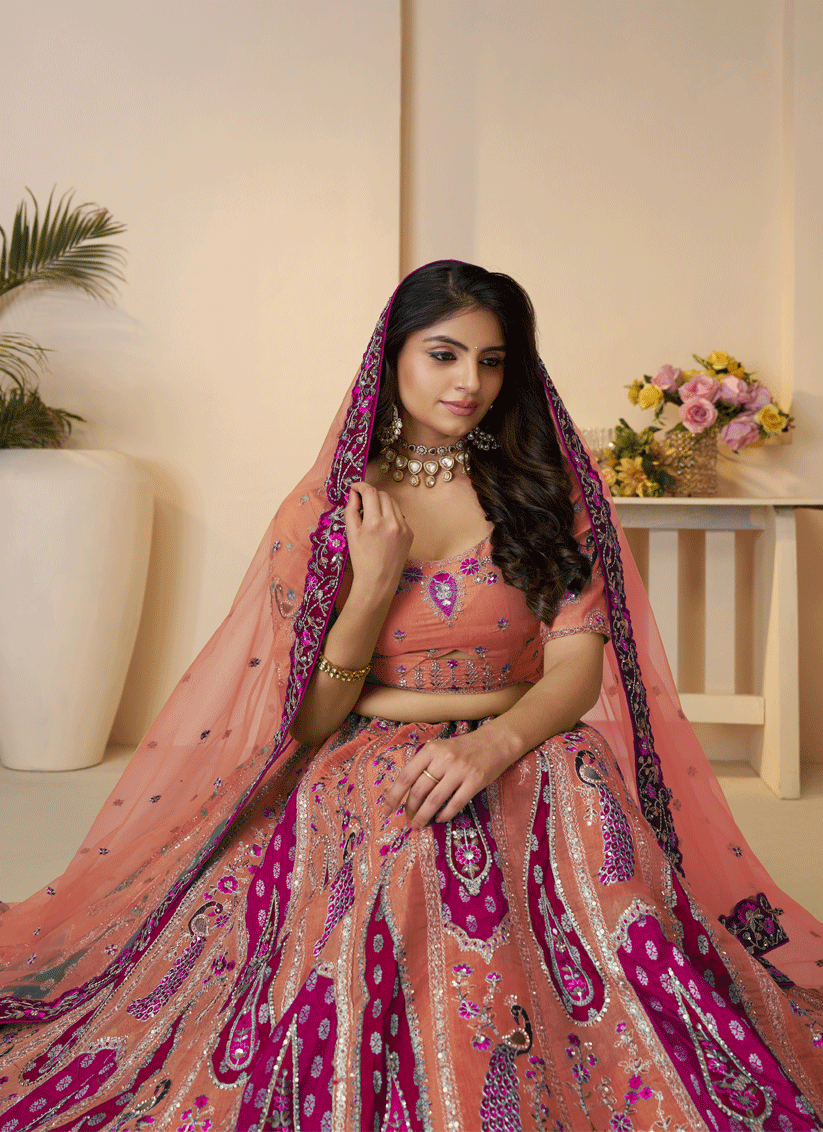 Stunning Orange Thread Embroidered Banarasi Silk Wedding Lehenga Choli