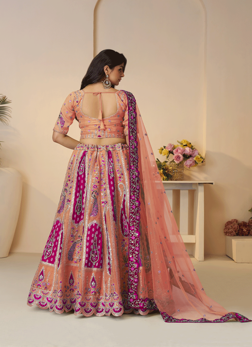 Stunning Orange Thread Embroidered Banarasi Silk Wedding Lehenga Choli