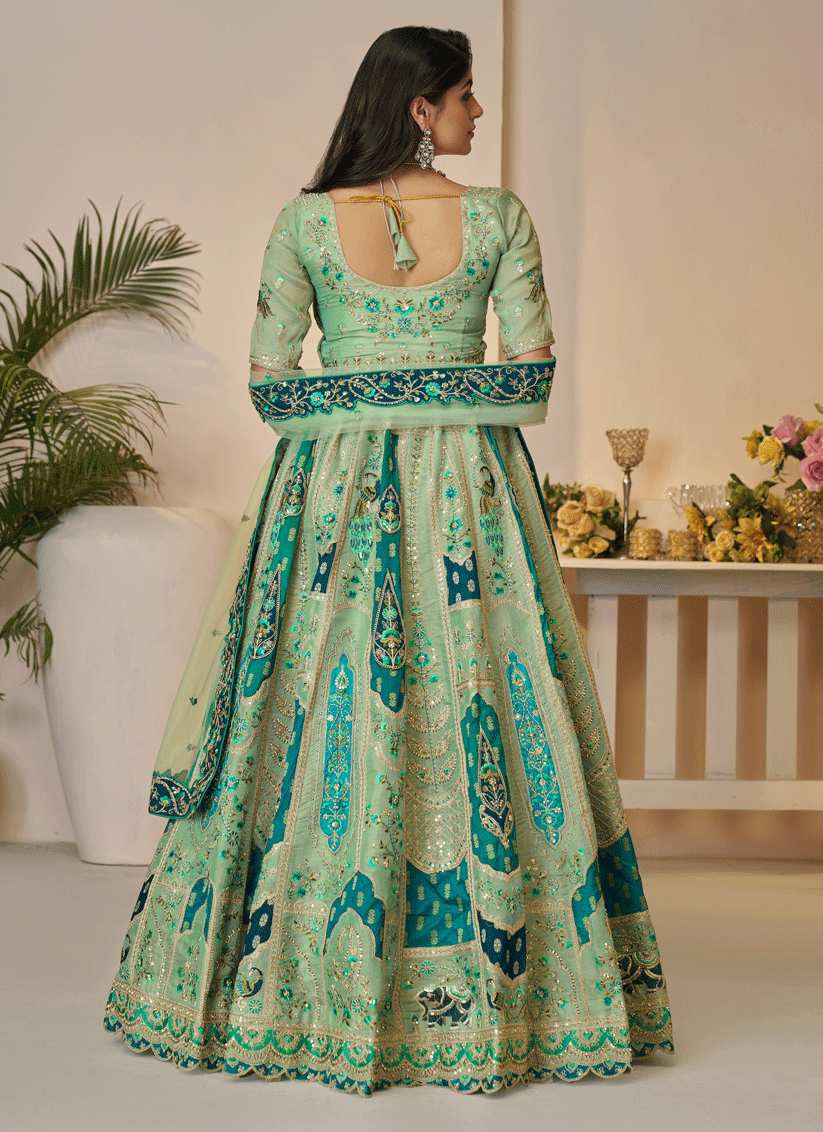 Spectacular Green Embroidered Banarasi Silk Wedding Festive Lehenga Choli