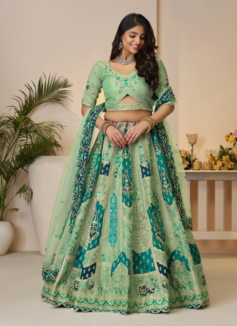 Spectacular Green Embroidered Banarasi Silk Wedding Festive Lehenga Choli