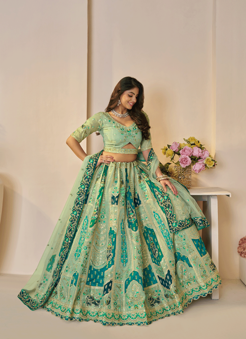 Spectacular Green Embroidered Banarasi Silk Wedding Festive Lehenga Choli