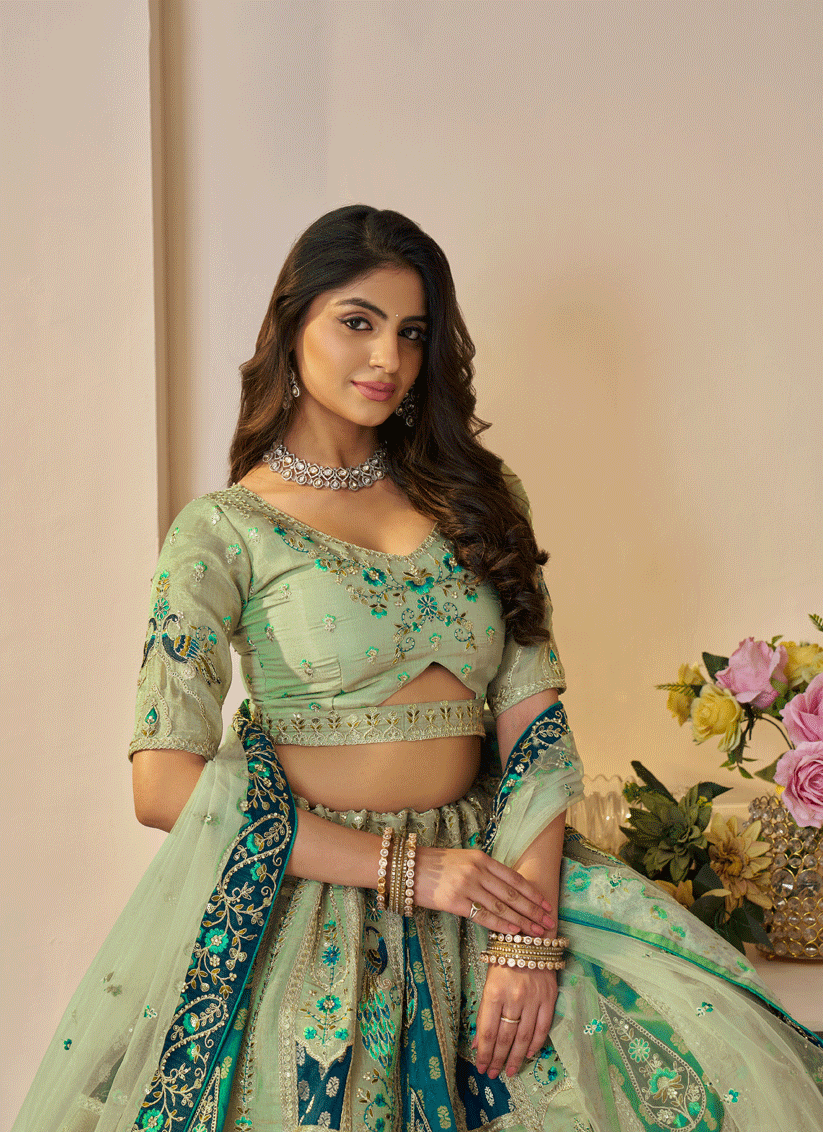 Spectacular Green Embroidered Banarasi Silk Wedding Festive Lehenga Choli