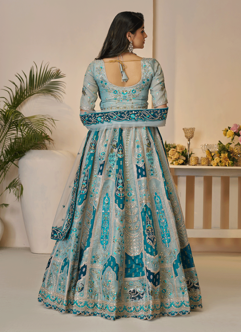Sky Blue Embroidered Banarasi Silk Wedding Festive Lehenga Choli