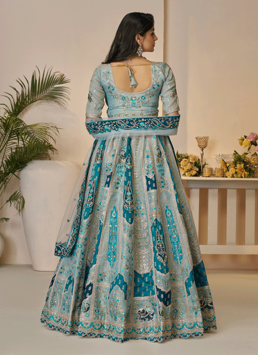 Sky Blue Embroidered Banarasi Silk Wedding Festive Lehenga Choli