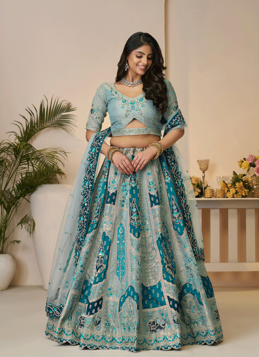 Sky Blue Embroidered Banarasi Silk Wedding Festive Lehenga Choli