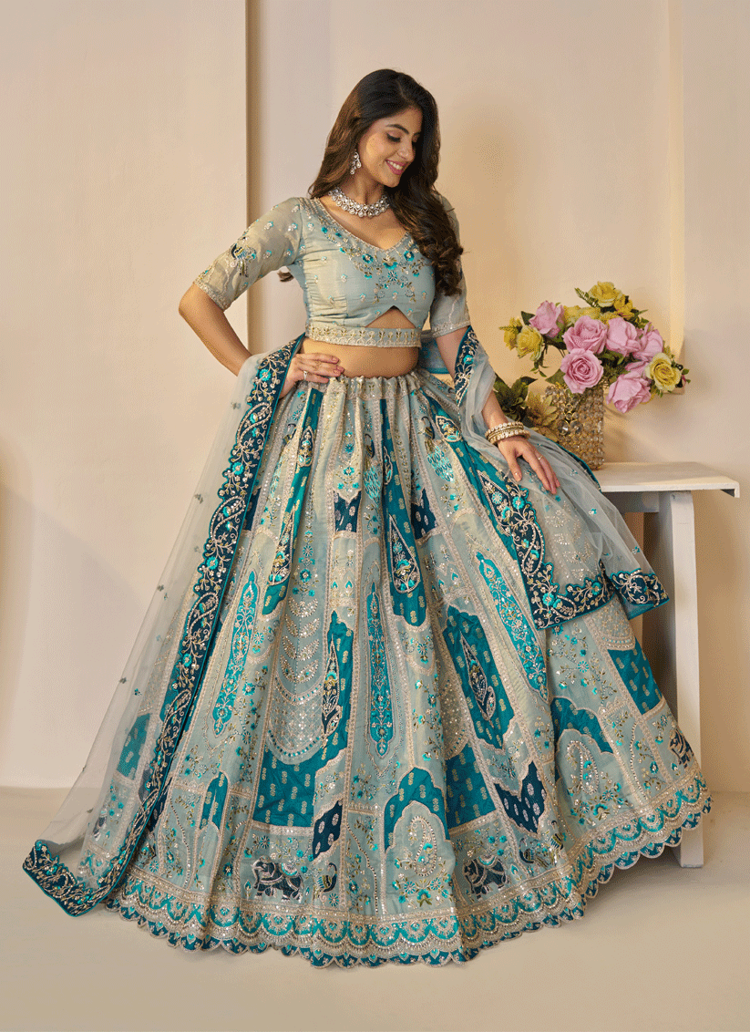 Sky Blue Embroidered Banarasi Silk Wedding Festive Lehenga Choli