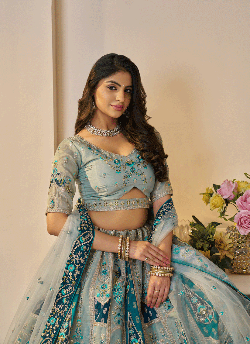 Sky Blue Embroidered Banarasi Silk Wedding Festive Lehenga Choli
