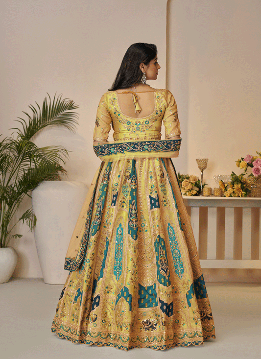 Yellow Embroidered Banarasi Silk Wedding Festive Lehenga Choli