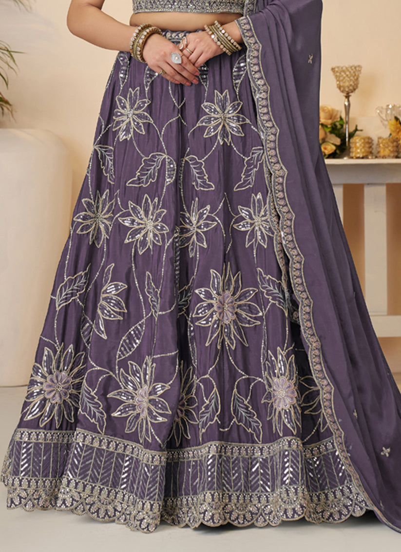 Awesome Purple Embroidered Satin Sangeet Wear Lehenga Choli