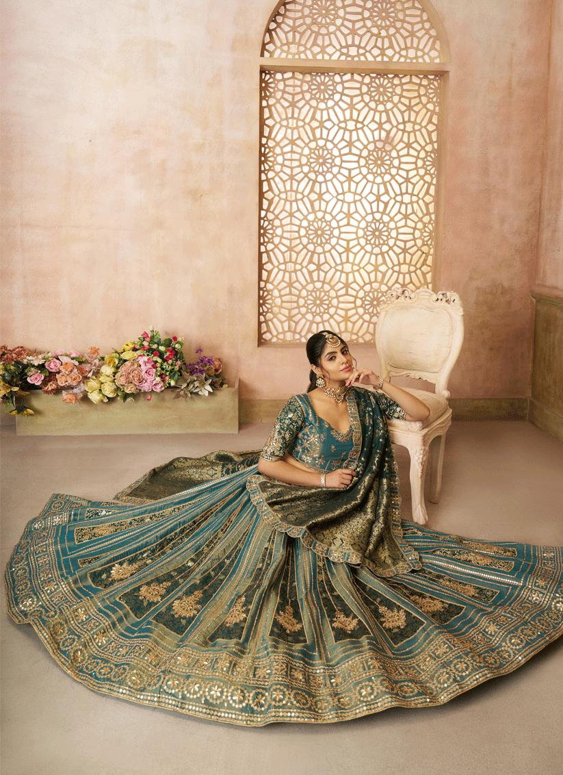 Glamorous Green Tissue Silk Wedding Wear Lehenga Choli