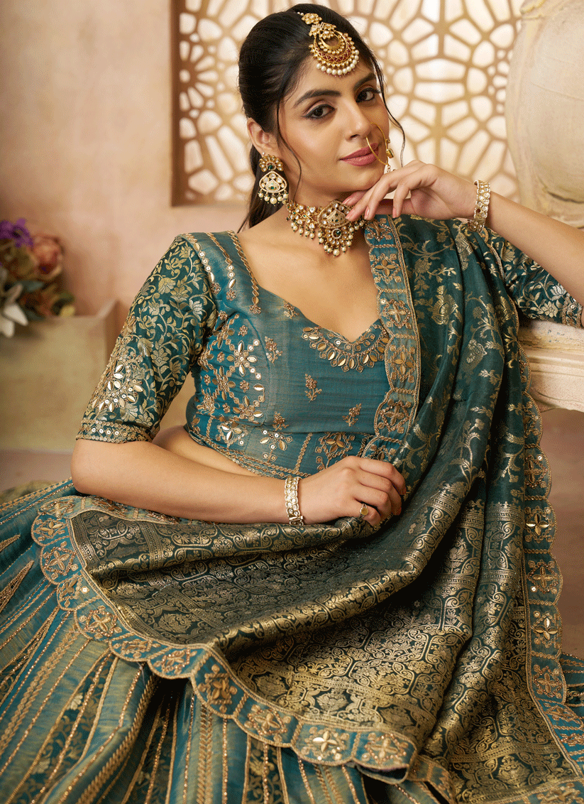 Glamorous Green Tissue Silk Wedding Wear Lehenga Choli