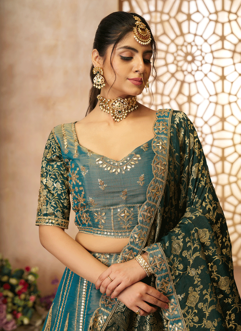Glamorous Green Tissue Silk Wedding Wear Lehenga Choli