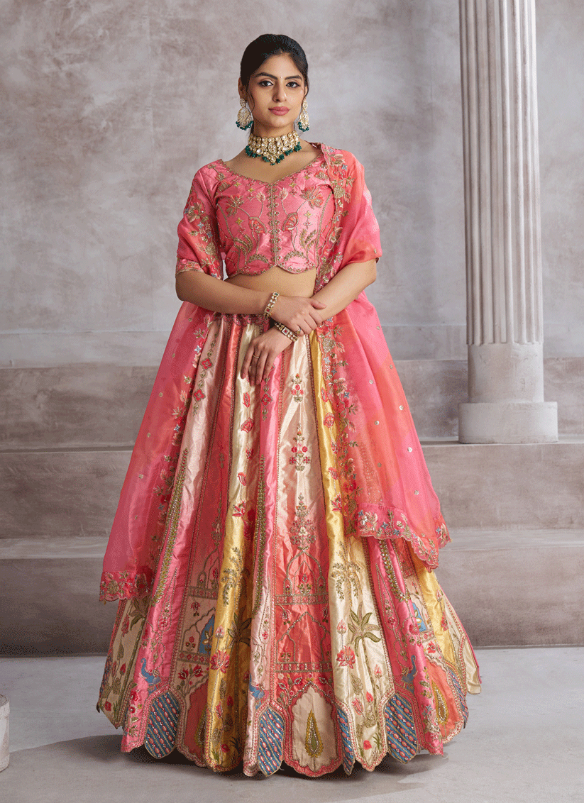 Pink Banarasi Silk Heavy Embroidered Wedding Lehenga Choli