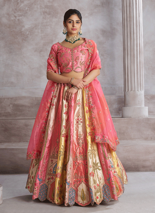 Pink Banarasi Silk Heavy Embroidered Wedding Lehenga Choli