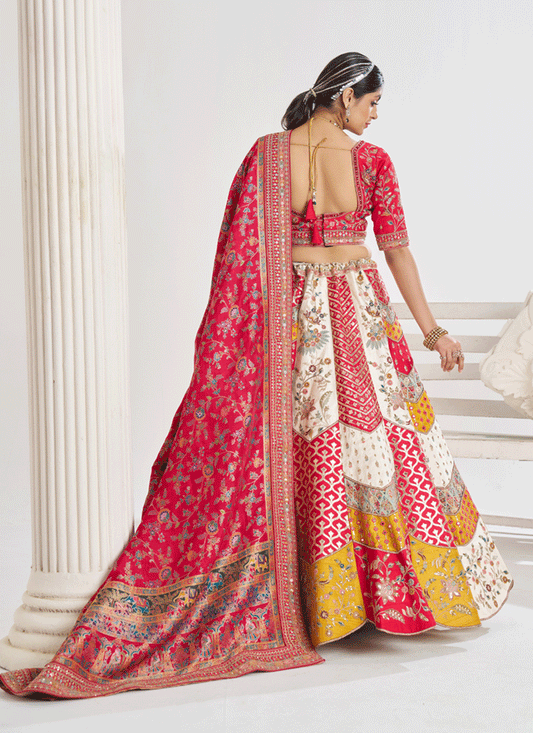 White Banarasi Silk Bridal Wear Embroidered Heavy Lehenga Choli
