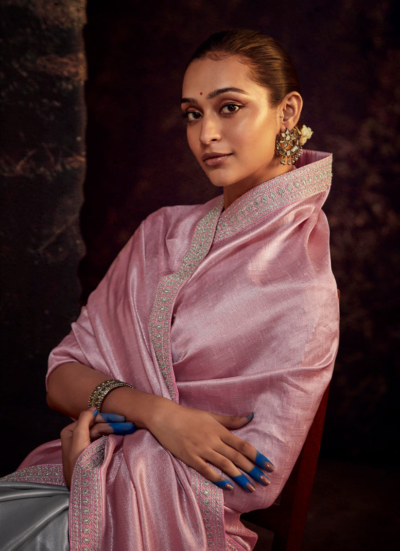 Grey and Pink Heavy Designer Saree