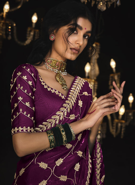 Wine Tissue Silk Embroidered Designer Saree