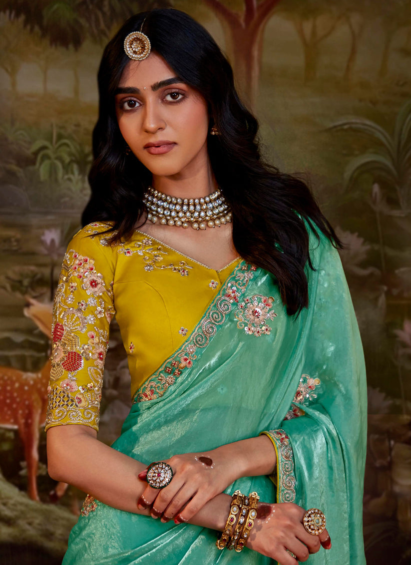 Aquamarine Organza Chiffon Embroidered Designer Wedding Saree