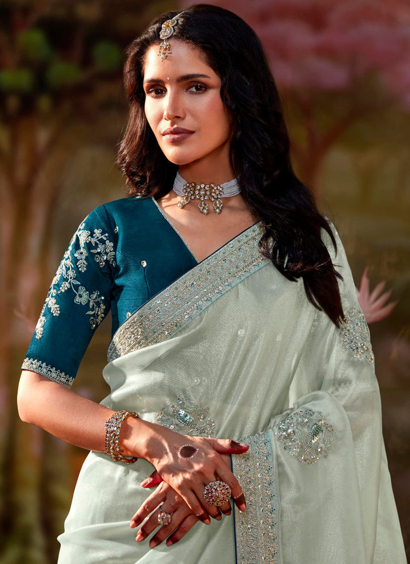 Ice Grey Organza Chiffon Embroidered Designer Wedding Saree