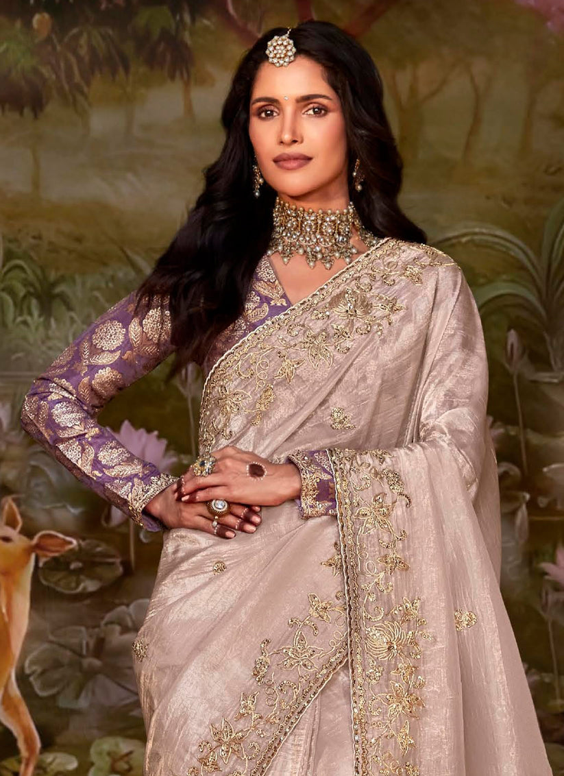 Blush Pink Organza Chiffon Embroidered Designer Wedding Saree