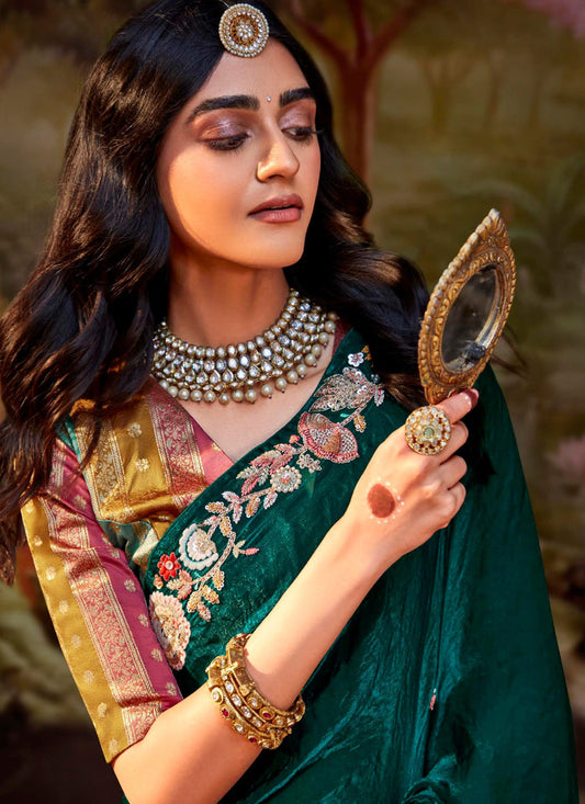 Peacock Green Organza Chiffon Embroidered Designer Wedding Saree