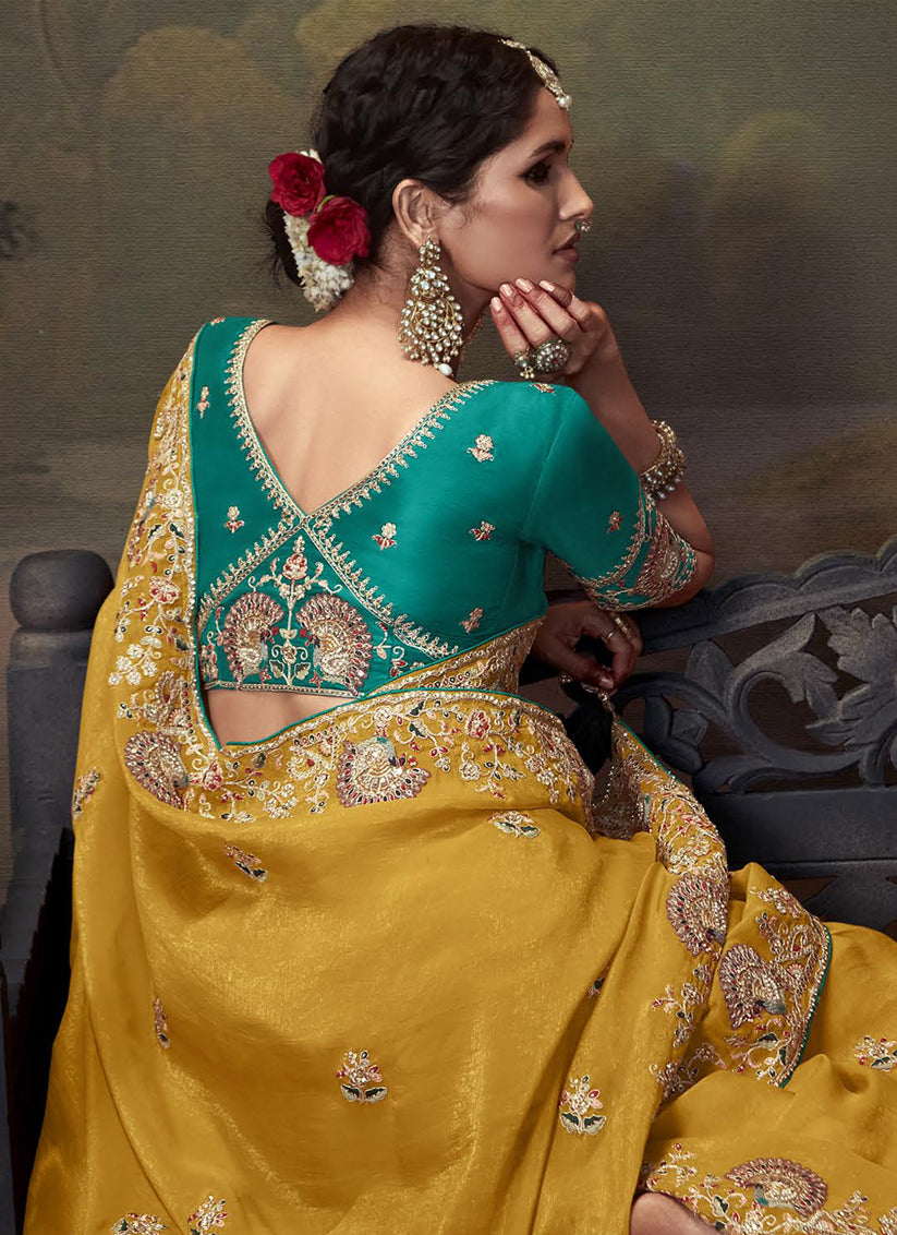 Mustard Yellow Tissue Organza Embroidered Wedding Saree