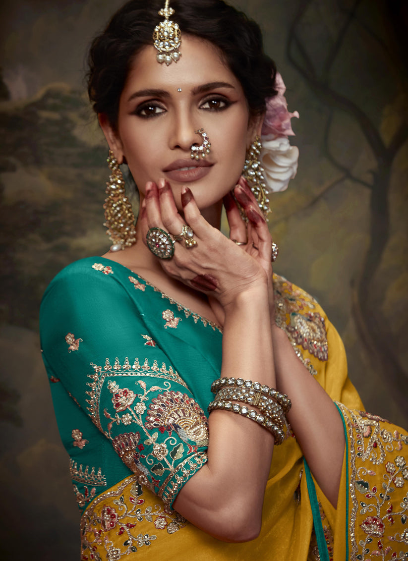 Mustard Yellow Tissue Organza Embroidered Wedding Saree
