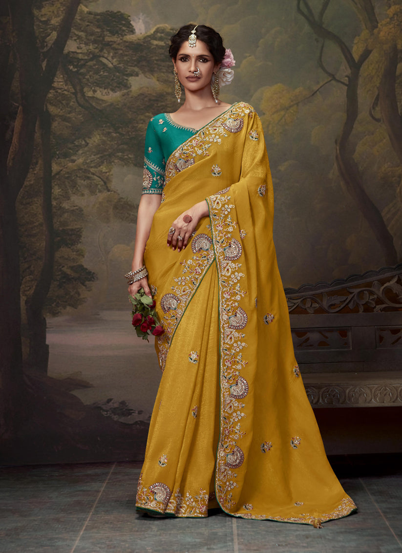 Mustard Yellow Tissue Organza Embroidered Wedding Saree