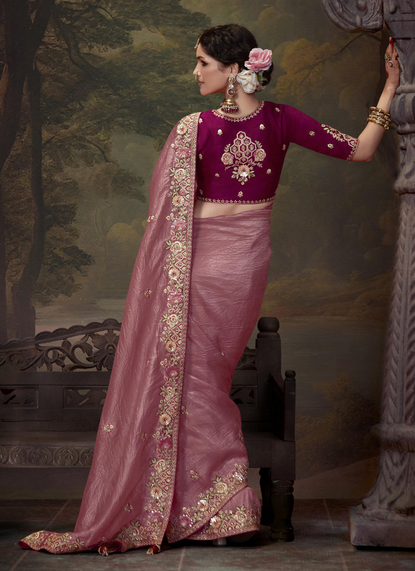 Old Rose Pink Tissue Organza Embroidered Wedding Saree