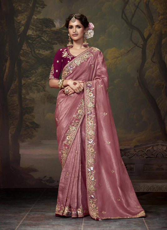 Old Rose Pink Tissue Organza Embroidered Wedding Saree