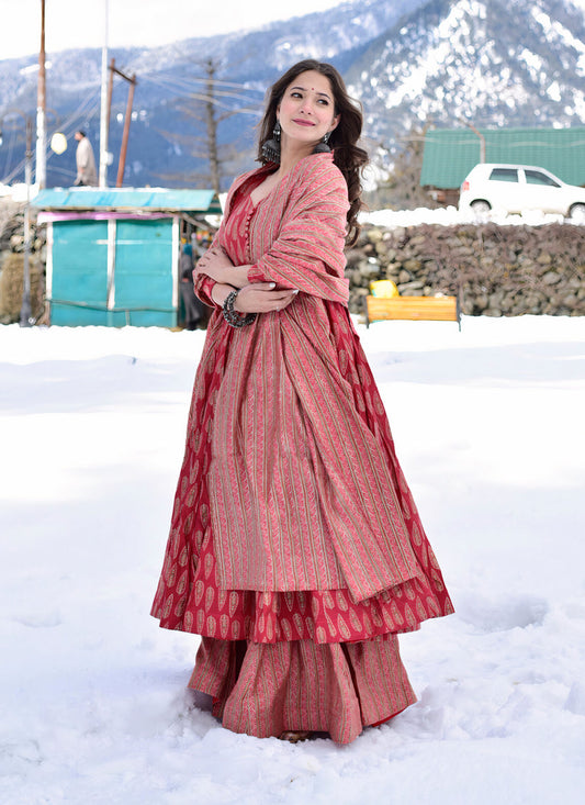 Crimson Red Pure Muslin Sharara Kameez Suit