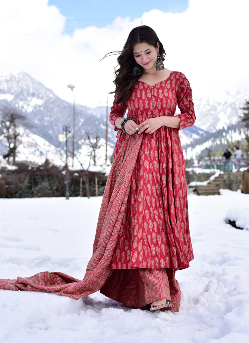 Crimson Red Pure Muslin Sharara Kameez Suit