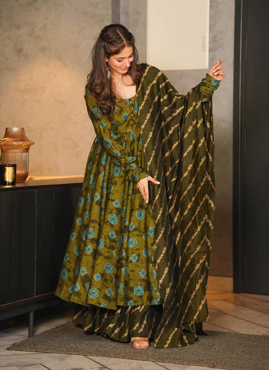 Olive Green Pure Muslin Sharara Kameez Suit
