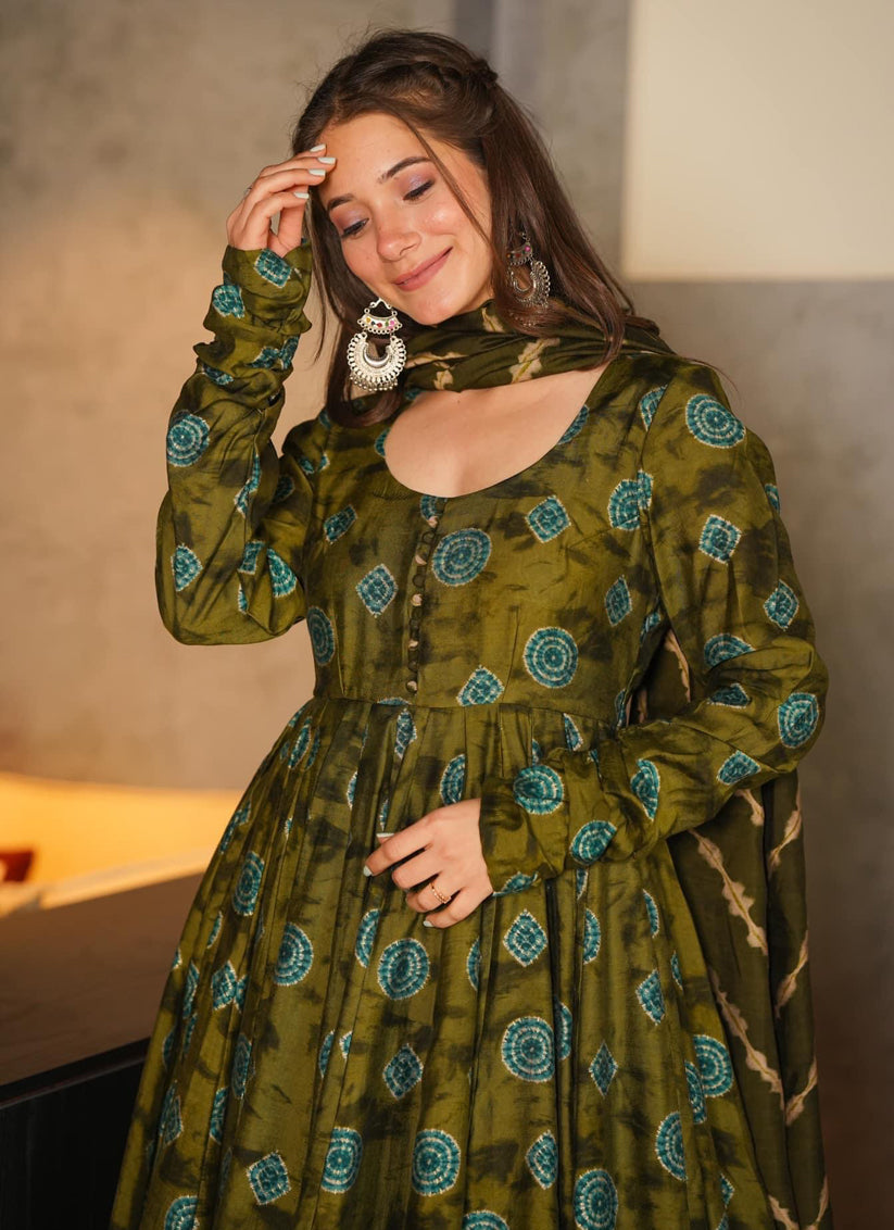 Olive Green Pure Muslin Sharara Kameez Suit