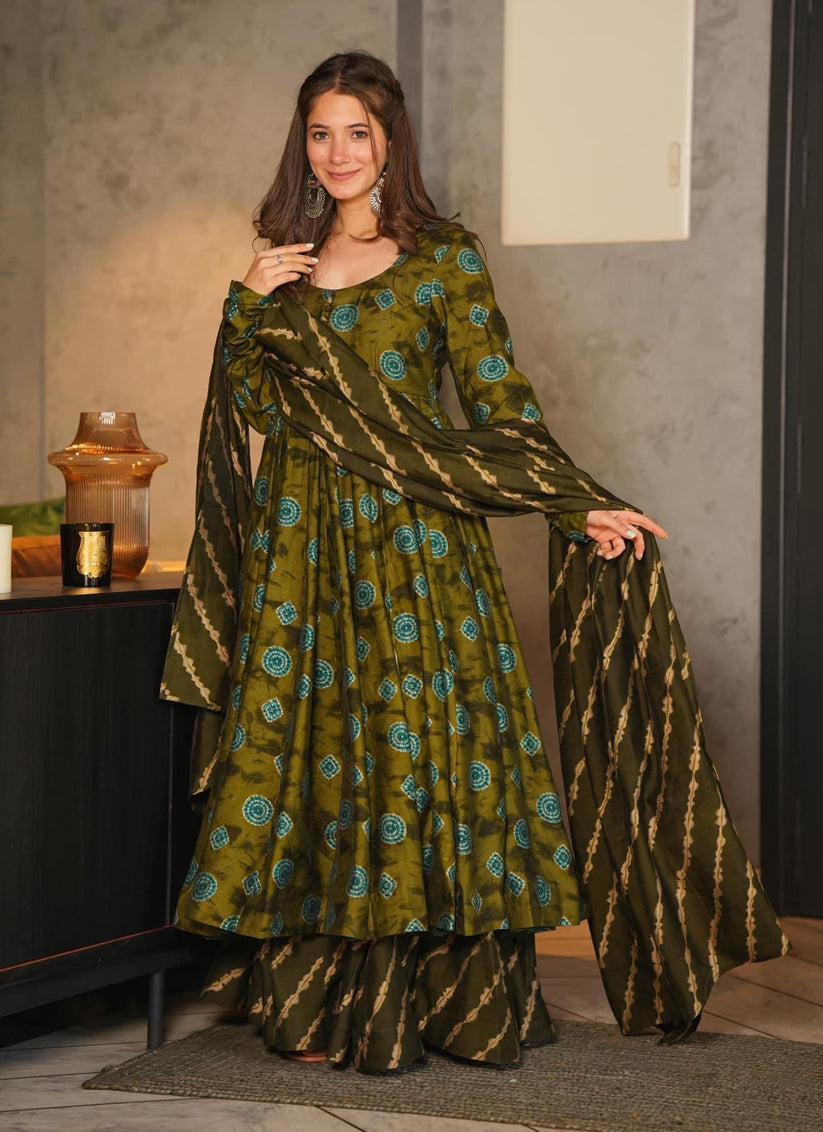 Olive Green Pure Muslin Sharara Kameez Suit