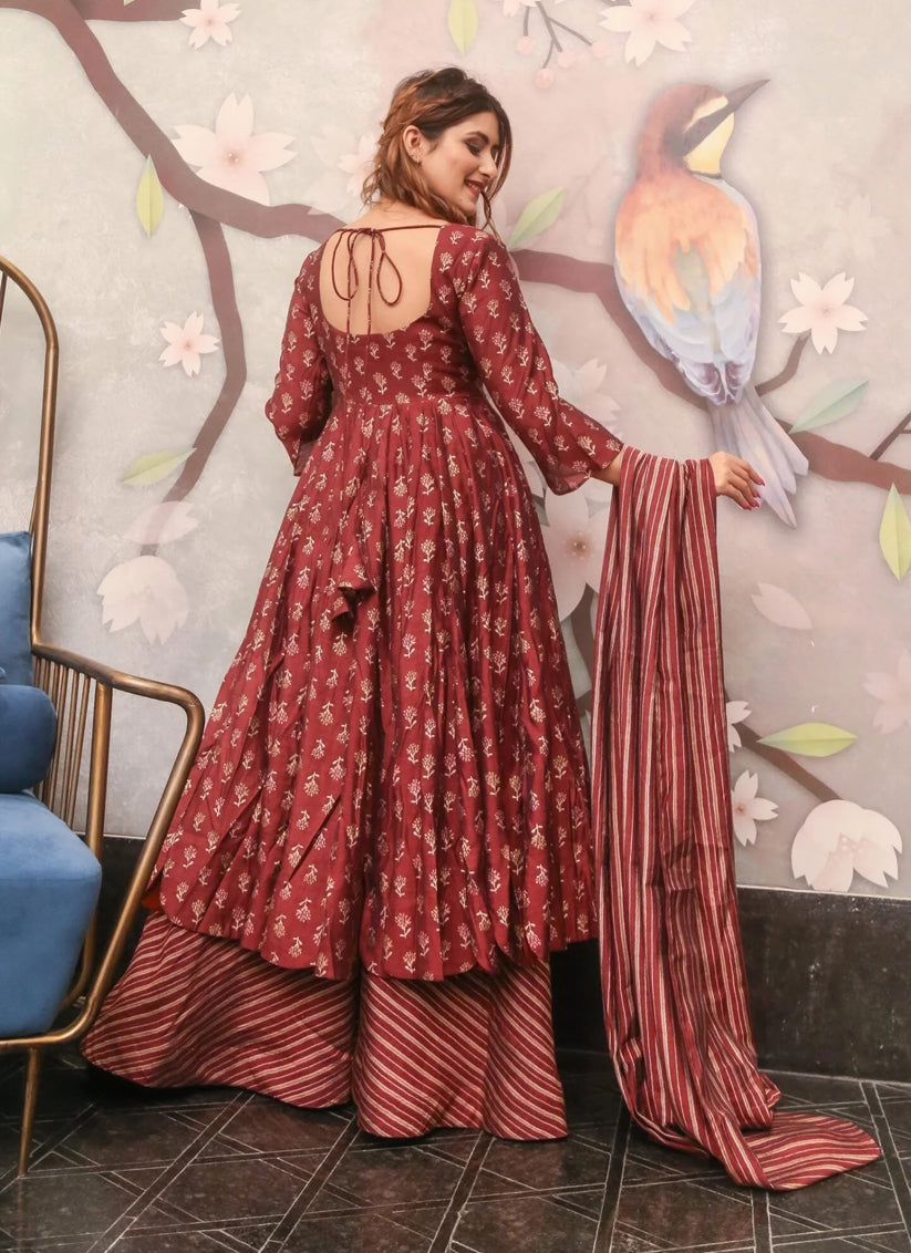 Maroon Pure Muslin Sharara Kameez Suit