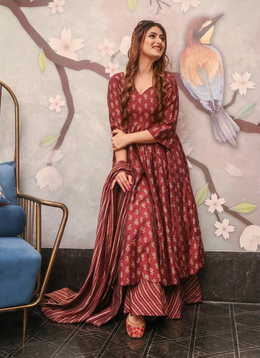 Maroon Pure Muslin Sharara Kameez Suit